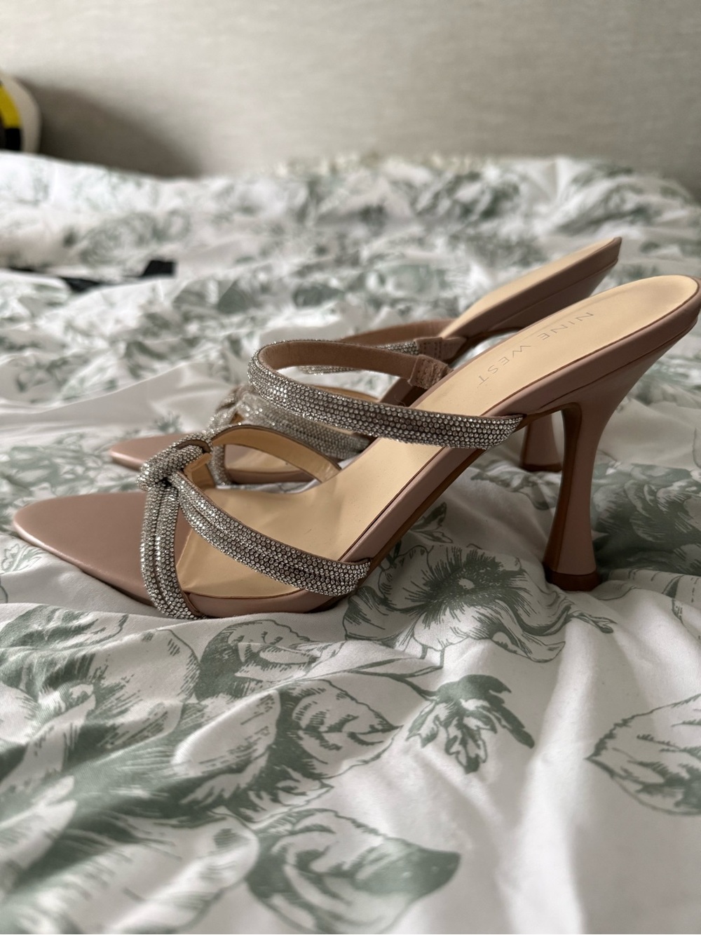 Nine West Blush Pink Rhinestone-Strap High Heel Mules
